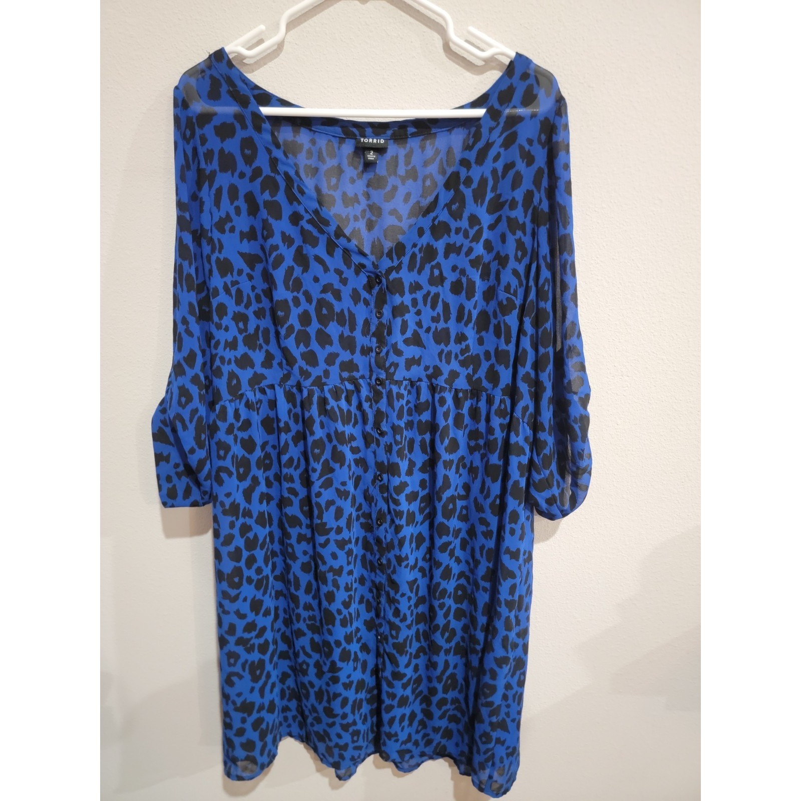 Torrid Dress Plus Sz 2 / 2x Animal Print Sheer Chiffon Button Down Blue Black